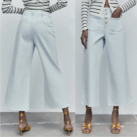 (M2)NEW Zara high-waisted, wide-leg, cropped jeans,Sz 6, with gold buttons with - Picture 1 of 14